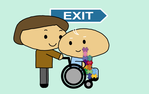Illustration of frail older patient leaving hospital. Credit: Jon Birch