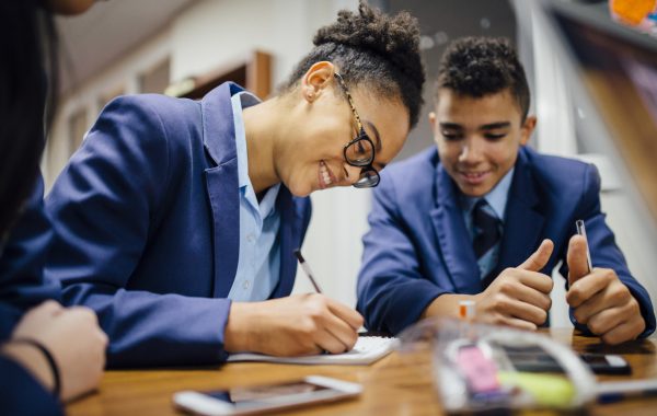 Two secondary school pupils in a class