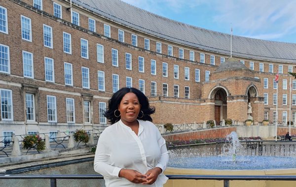 Our research intern Audrey Dambaza outside City Hall, Bristol