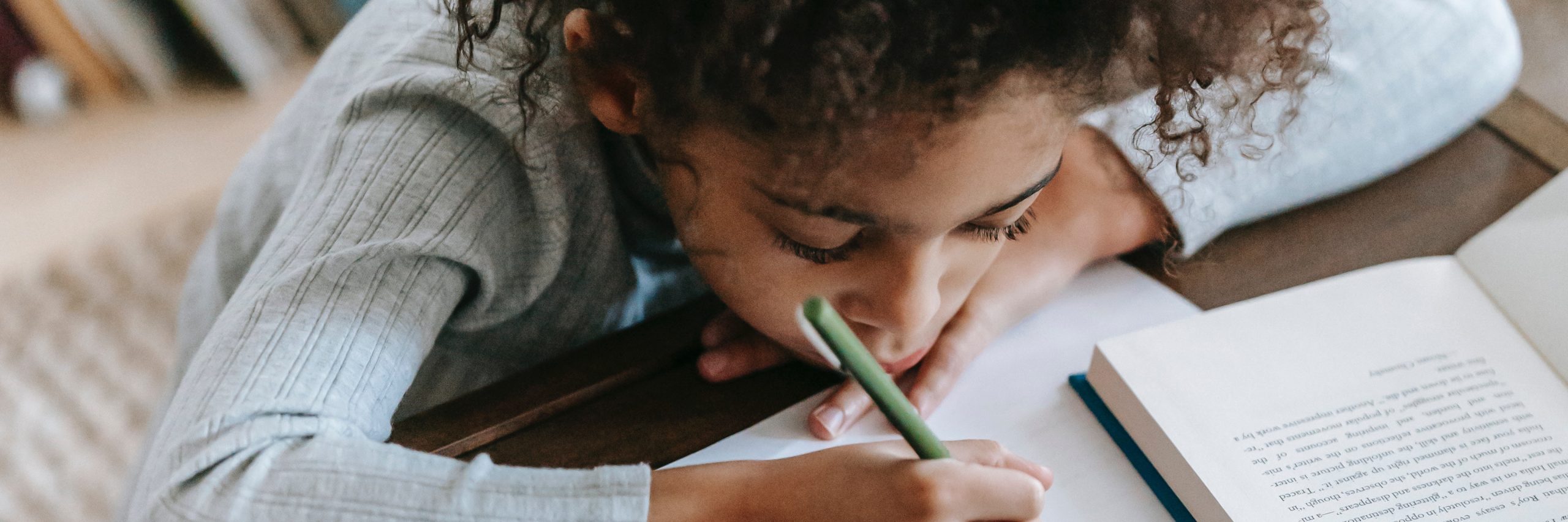 Child writing and reading at a desk.