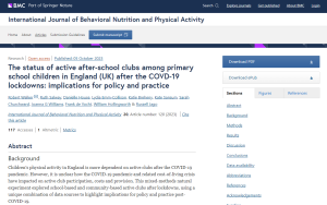 Screenshot of paper about status of active after-school clubs among primary school children in England after the COVID0-19 pandemic