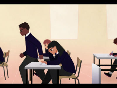 A screenshot from the school discipline animation showing a young person leaving the classroom while their class mates try to ignore the disruption and carry on working