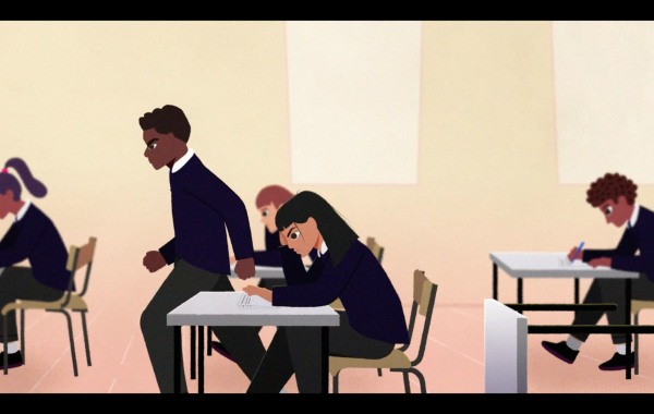 A screenshot from the school discipline animation showing a young person leaving the classroom while their class mates try to ignore the disruption and carry on working