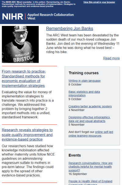 Screenshot of the ARC West September 2025 email newsletter