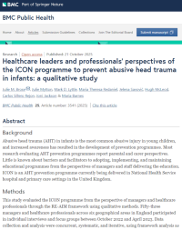 Screen shot of the paper Healthcare leaders and professionals’ perspectives of the ICON programme to prevent abusive head trauma in infants: a qualitative study