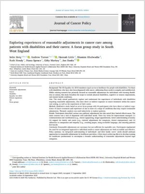Screenshot of the research paper on reasonable adjustments in cancer care among patients with disabilities